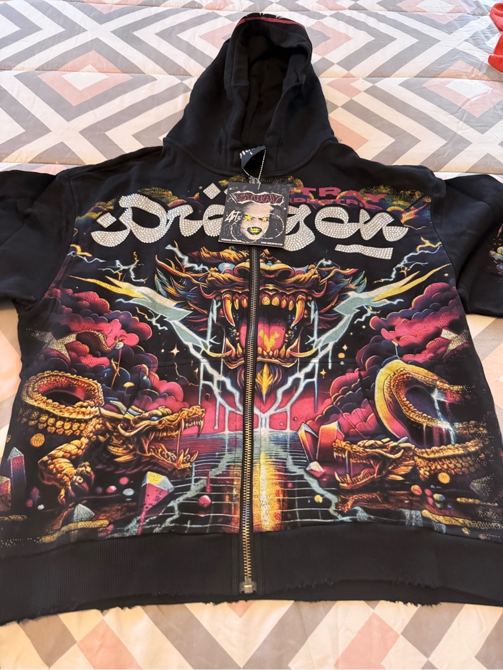 Stray Graphic Zip-Up Hoodie with Bold Dragon & Snake Art - Black, Pink, Gold